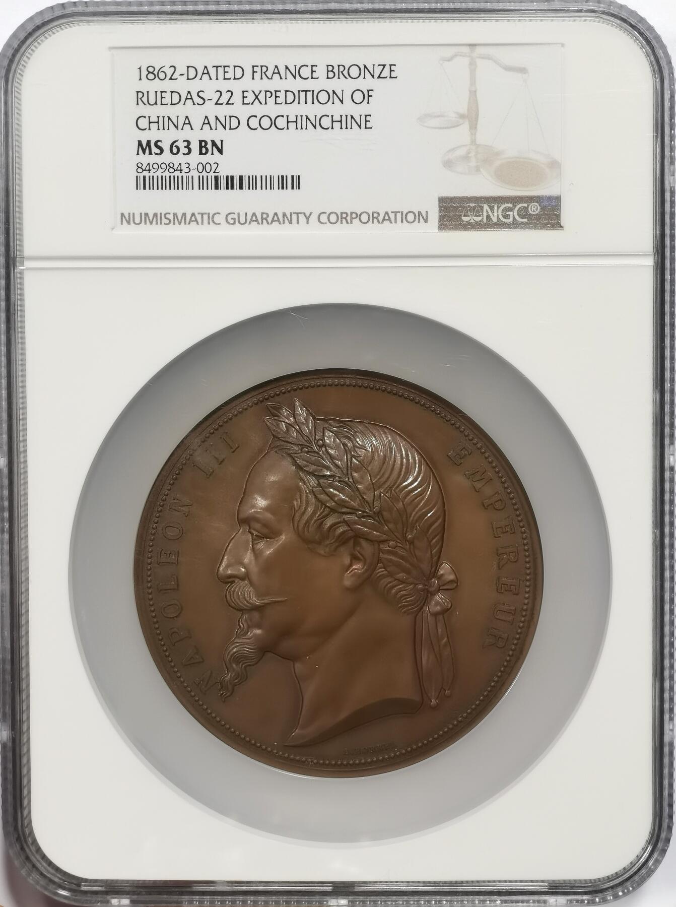 博洋堂“芳菲春韵”3月精品大拍专场暨第166期（全场包邮） NGC MS63BN 1862年法国交趾支那战役大铜章，高分大名誉品。正面：拿破仑三世戴月桂冠面左；背面：法兰西女神玛丽安娜驾船，手持雷电与帝国鹰权杖，与龙相伴竞逐，最终迫使东方龙屈服脚下，呈现了法兰西与以中华帝国龙为代表的东方之间的对抗。