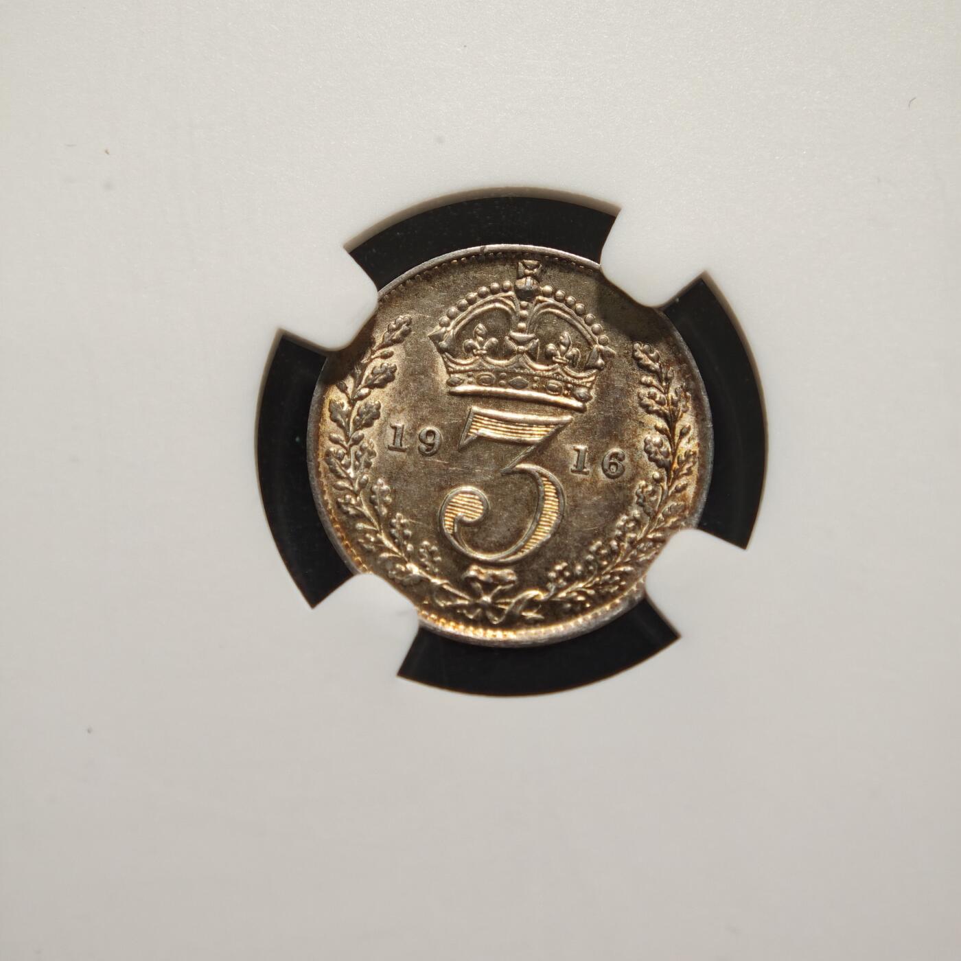 【德藏】世界币章拍卖第169期（拍品征集中~欢迎藏友联系） 1916年 英国乔治五世濯足节3便士银币 NGC MS62 黄油包浆