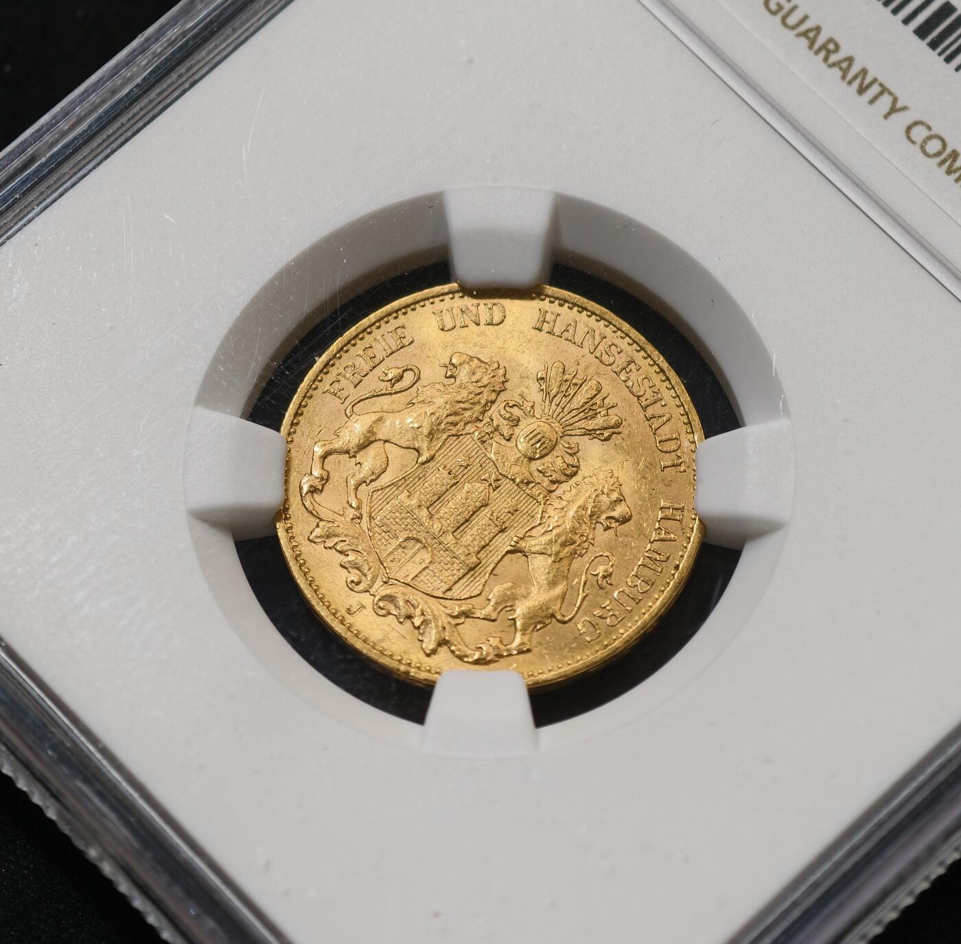 “方寸甄品”甄品场，甄臻铺-世界币章拍卖（第57期，直播拍卖），送拍享返佣金等优惠多多 NGC-MS63 德国汉堡 20马克 金币，经典品种，硬通货。