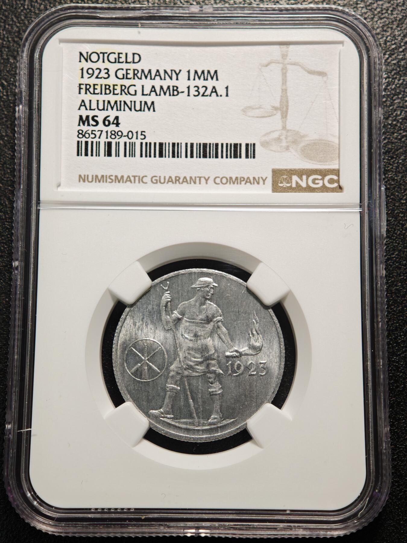 【德藏】世界币章拍卖第169期（拍品征集中~欢迎藏友联系） 1923年 德国紧急时期弗莱堡火把男100万马克铝币 NGC MS64原光十足 大名誉品种