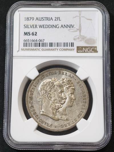 “方寸甄品”甄品场，甄臻铺-世界币章拍卖（第57期，直播拍卖），送拍享返佣金等优惠多多 - NGC-MS62 1879年奥匈帝国皇帝弗朗茨一世与茜茜公主银婚纪念2古尔登大银币，经典品种，光度好