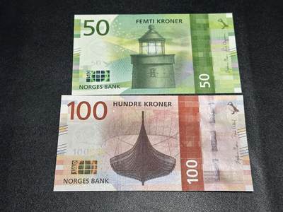 《外钞收藏家》第六百二十一期（精选场）（长期征集拍品、欢迎藏友们联系合作） - 2016、17年挪威50、100克朗 2张一起 全新UNC