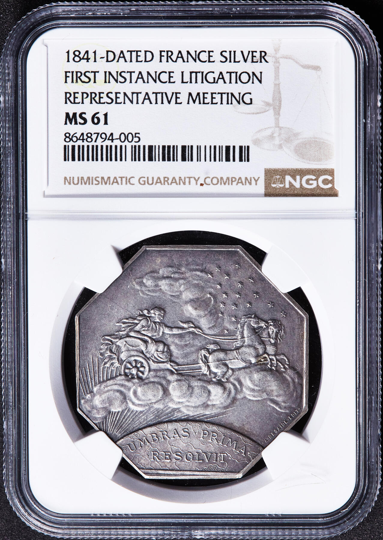 【俄甄集藏】2026年(050)04-01星期三 晚 19:30 全场包邮 法国1841年阿波罗战车造像法律一审诉讼代理人协会银质八角代用币章，NGC MS61，原味酱彩老包浆