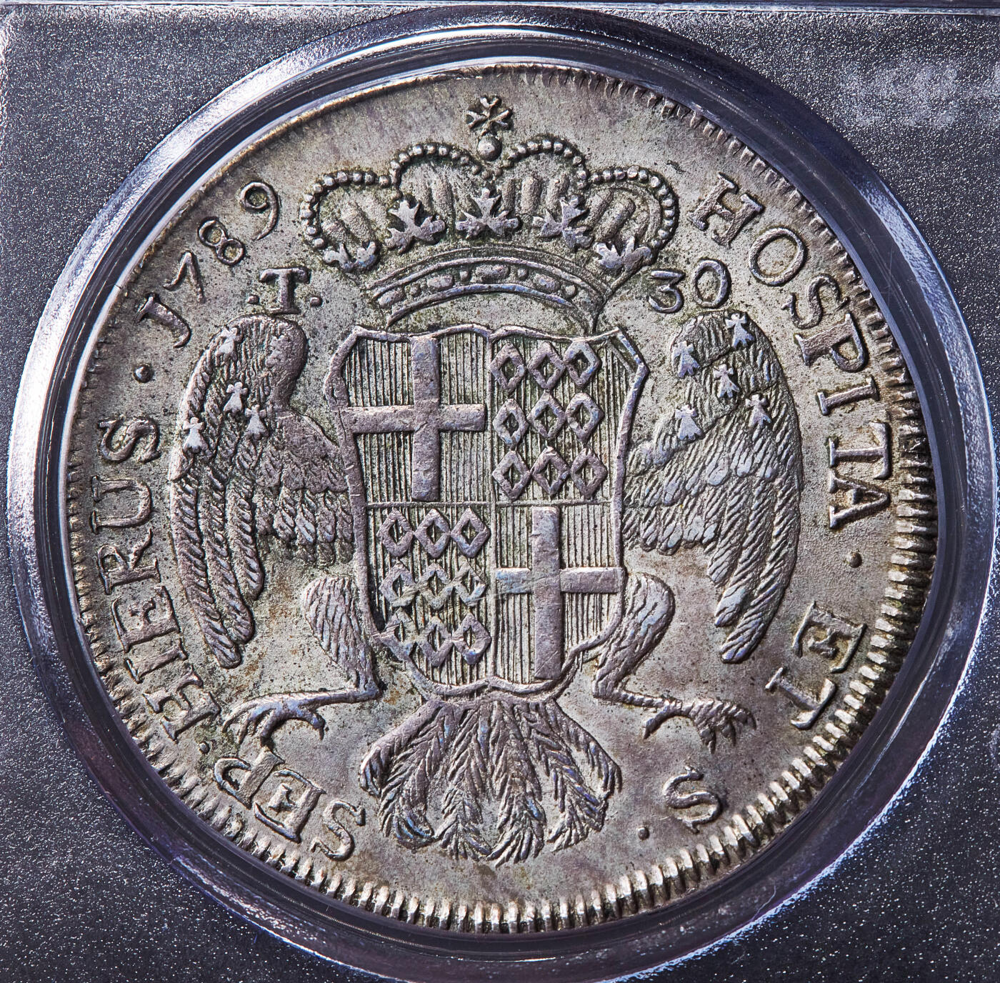 【俄甄集藏】2026年(050)04-01星期三 晚 19:30 全场包邮 马耳他骑士团1789年伊曼纽尔·德·罗昂大团长头像鹰徽版30塔里大银币，PCGS AU55，细节犀利，底光犹存，比盾徽版要贵很多，稀有品种，季军