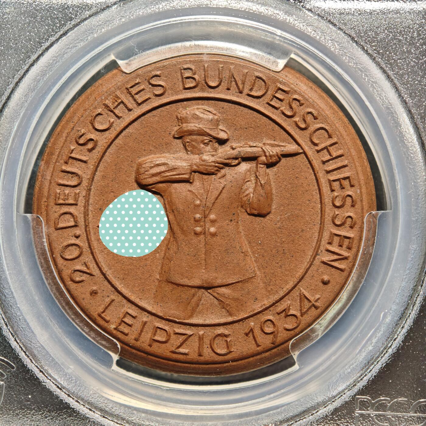 【德藏】世界币章拍卖第169期（拍品征集中~欢迎藏友联系） 1934年 德国民族社会主义工人党莱比锡联邦射击节陶瓷纪念章 PCGS MS65 稀少品种 发行量仅200-500枚（原图请查询PCGS评级官网）