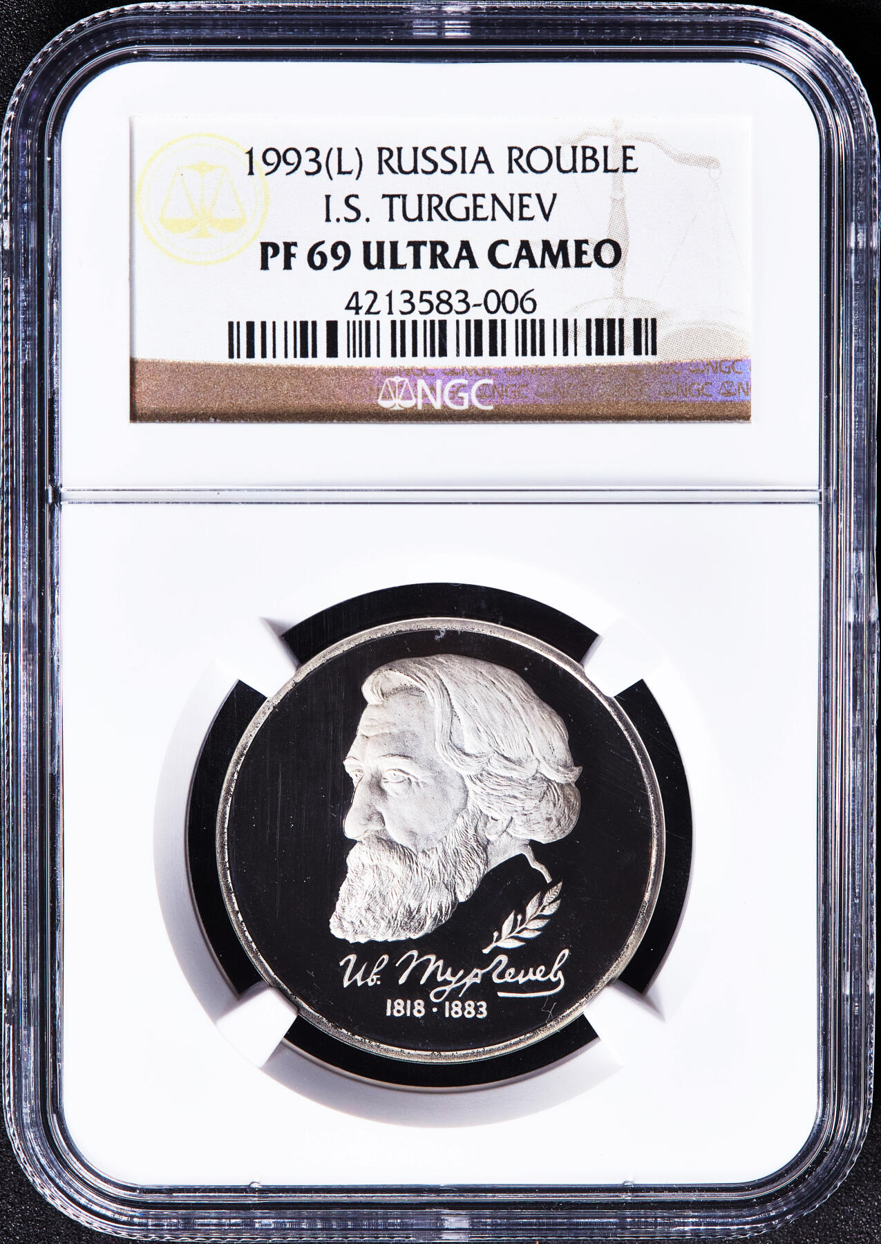 【俄甄集藏】2026年(050)04-01星期三 晚 19:30 全场包邮 俄罗斯1993年纪念文学家伊凡·屠格涅夫逝世110周年1卢布精制纪念币，NGC PF69UC，顶级品相