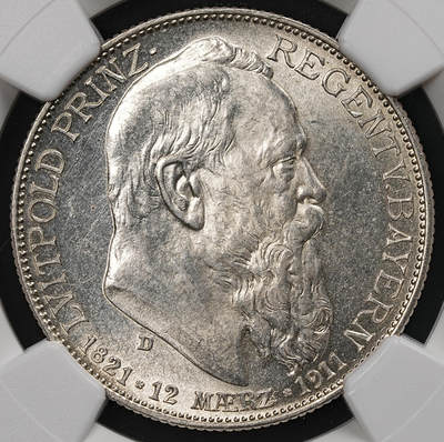 修遠堂世界钱币第109期 - NGC MS64 1911年巴伐利亚摄政王90大寿纪念2马克银币