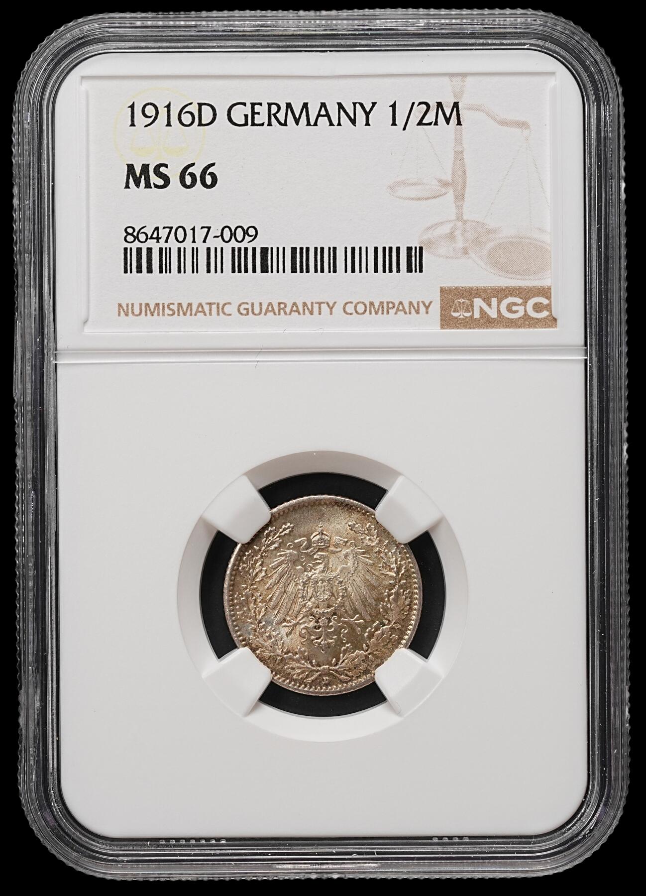 修遠堂世界钱币第109期 NGC MS66 1916年德国1/2马克银币 D厂铭