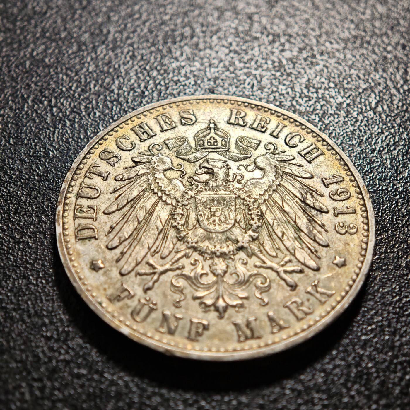 【德藏】世界币章拍卖第169期（拍品征集中~欢迎藏友联系） 1913年 德国符腾堡威廉二世5马克大银币 直径约：38mm；重约：27.7g 淡彩包浆