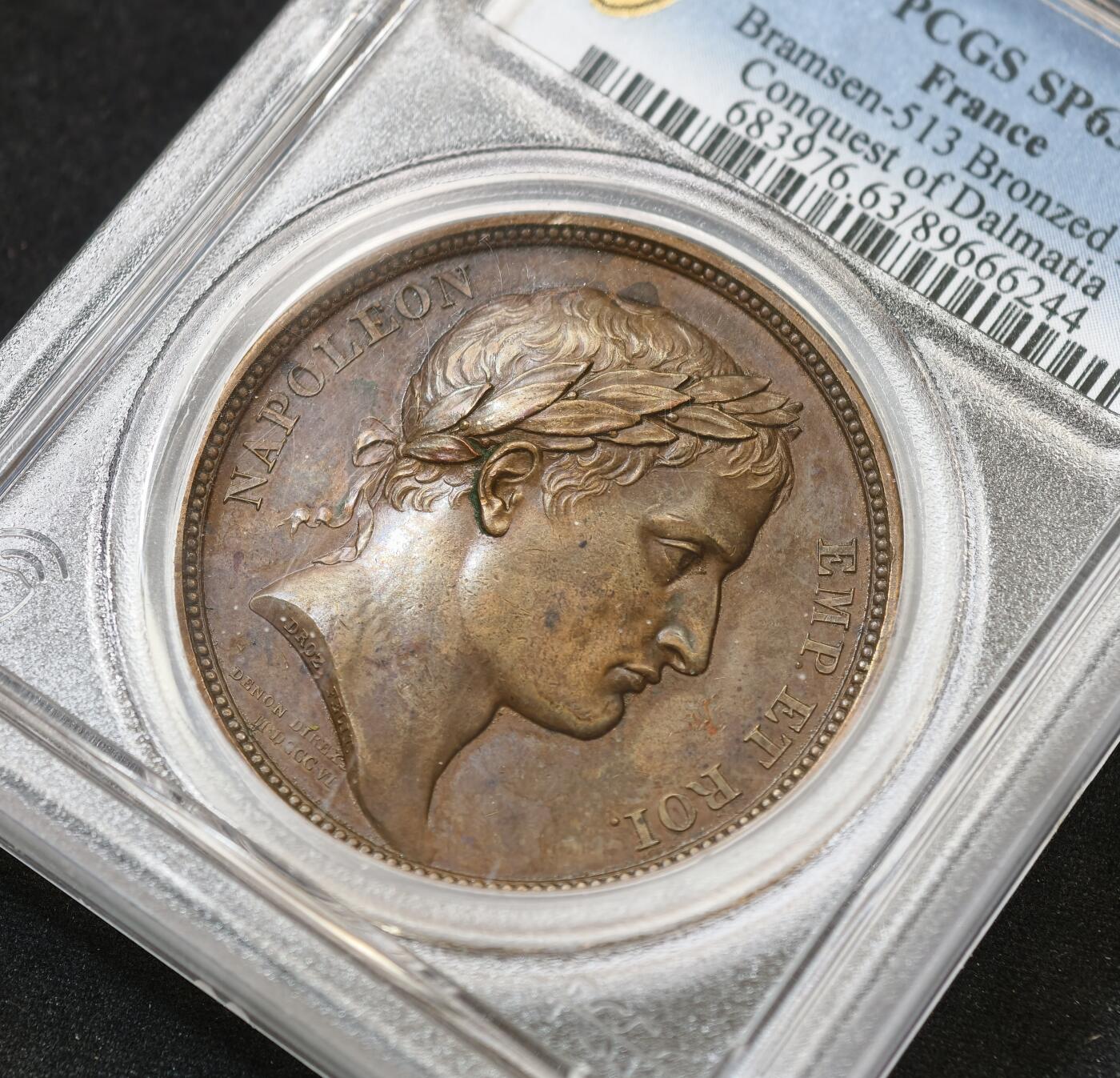 “方寸甄品”甄品场，甄臻铺-世界币章拍卖（第57期，直播拍卖），送拍享返佣金等优惠多多 PCGS SP63 唯一记录1806年法国征服达尔马提亚纪念铜章,状态极好 双面镜面状态爽炸了，加厚盒子（咸鱼ngcms63,售价3500元）