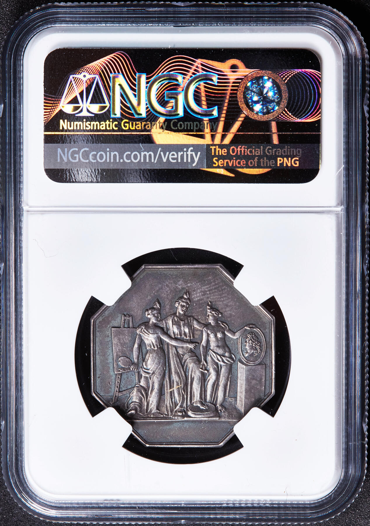 【俄甄集藏】2026年(050)04-01星期三 晚 19:30 全场包邮 法国19世纪双面神雅努斯造像博弈题材银质八角代用币章，NGC MS62，酱彩老包浆，丰饶角铭，少见品种，丰饶角铭