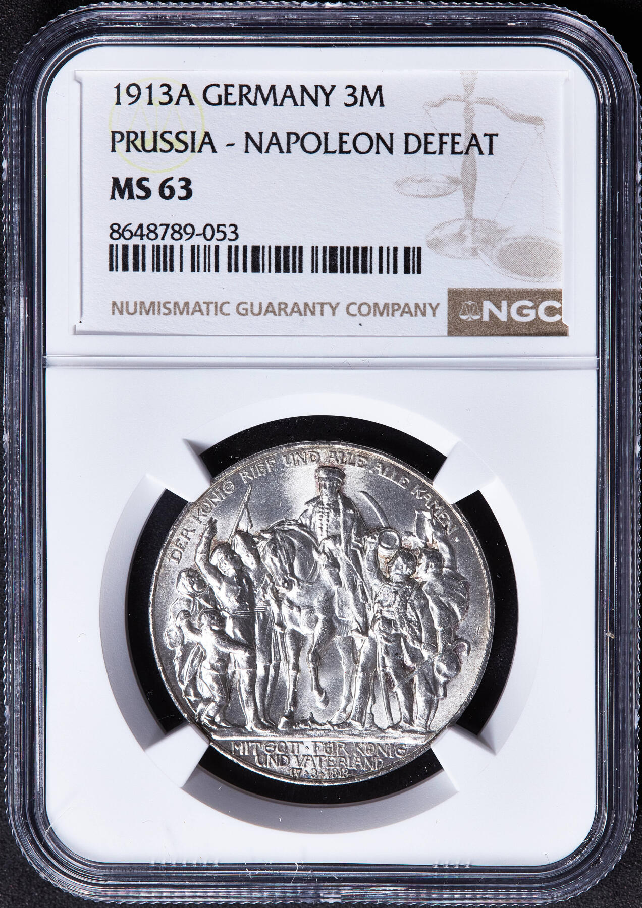 【俄甄集藏】2026年(050)04-01星期三 晚 19:30 全场包邮 德国普鲁士1913年A版反法战争胜利百年3马克银币，NGC MS63，黄油彩，转光品相