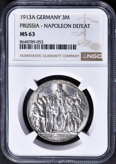 【俄甄集藏】2026年(050)04-01星期三 晚 19:30 全场包邮 - 德国普鲁士1913年A版反法战争胜利百年3马克银币，NGC MS63，黄油彩，转光品相