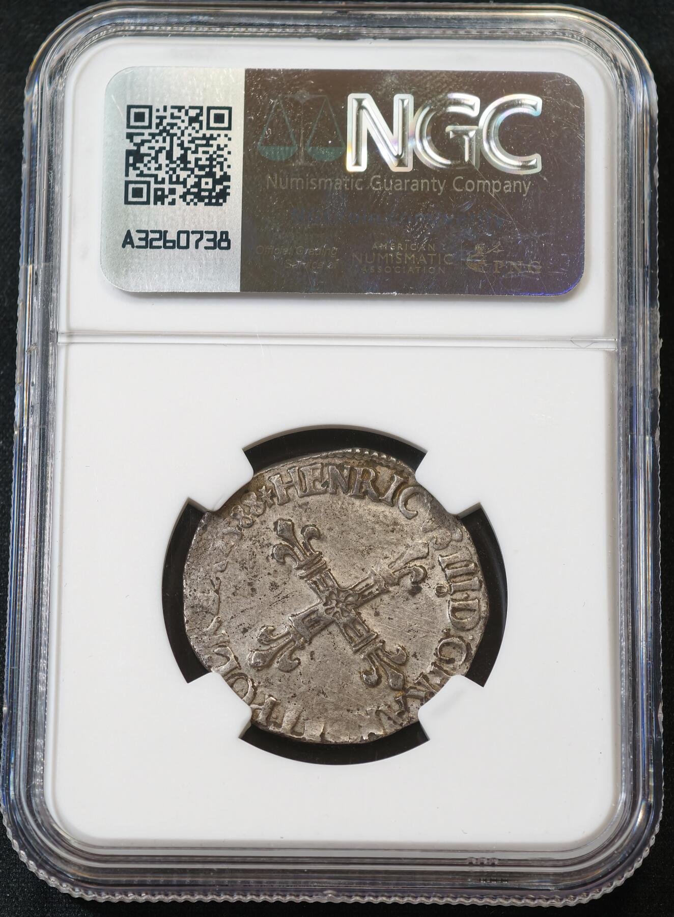 “方寸甄品”甄品场，甄臻铺-世界币章拍卖（第57期，直播拍卖），送拍享返佣金等优惠多多 NGC-AUD 中世纪法国亨利三世1/4埃居，瓦卢瓦王朝最后一位国王，宗教战争时期，NGC中世纪特殊标签，虽判定清洗，但是正反图案打制非常清晰，此品种本身很少见且多弱打，这枚状态很难得