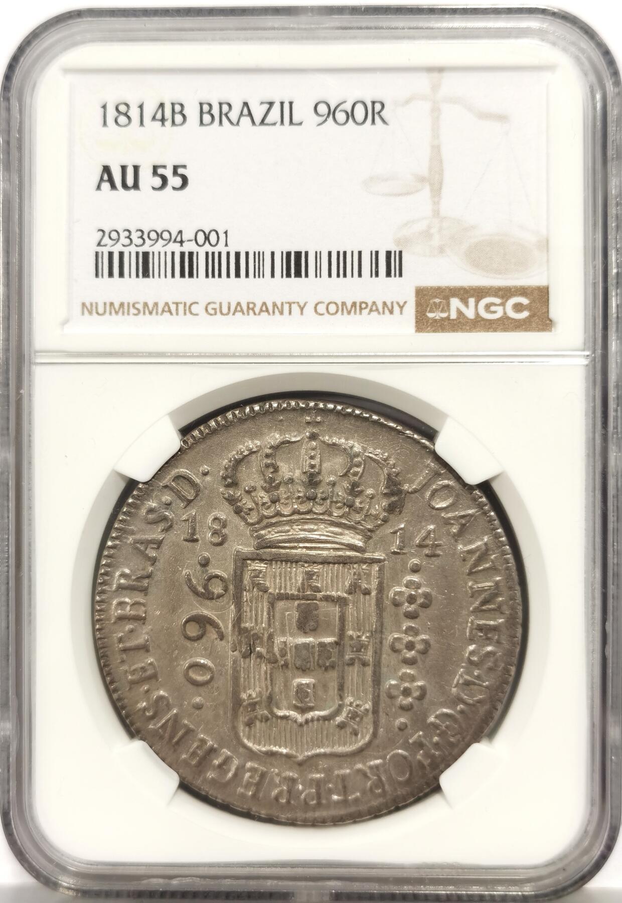 博洋堂“芳菲春韵”3月精品大拍专场暨第166期（全场包邮） NGC AU55 葡属巴西1814年地球960R大银币，打制在西属双柱银币之上，双柱的图案非常明显，打制极佳，顶级欧洲包浆。海外近两年最受欢迎的品种之一，早期年份相对来说比较少见