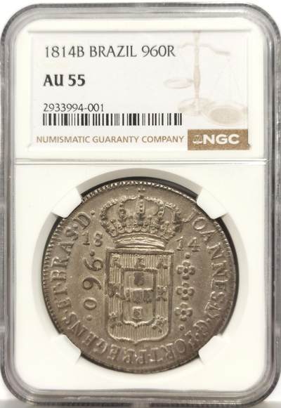 博洋堂“芳菲春韵”3月精品大拍专场暨第166期（全场包邮） - NGC AU55 葡属巴西1814年地球960R大银币，打制在西属双柱银币之上，双柱的图案非常明显，打制极佳，顶级欧洲包浆。海外近两年最受欢迎的品种之一，早期年份相对来说比较少见