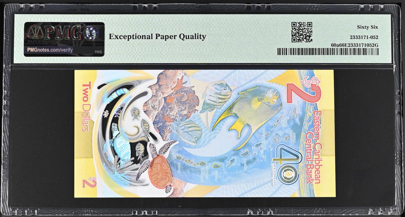 《艾美收藏》第238期-3.29周日外币畅拍场 东加勒比2023年首发AA冠2元PMG66E数三168满号组合倒置号，央行成立40周年纪念钞，IBNS获奖钞 Pick#60a