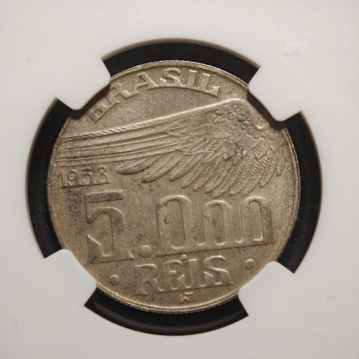 【德藏】世界币章拍卖第169期（拍品征集中~欢迎藏友联系） 1938年 巴西5000瑞斯银币 NGC MS63 状态极佳