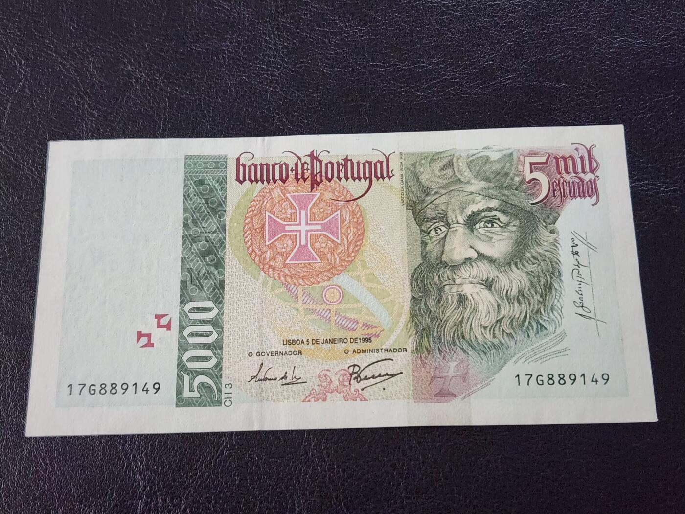 3月27号晚上8点 外国纸币自动截拍第46场 葡萄牙1995年5000首版 极美品