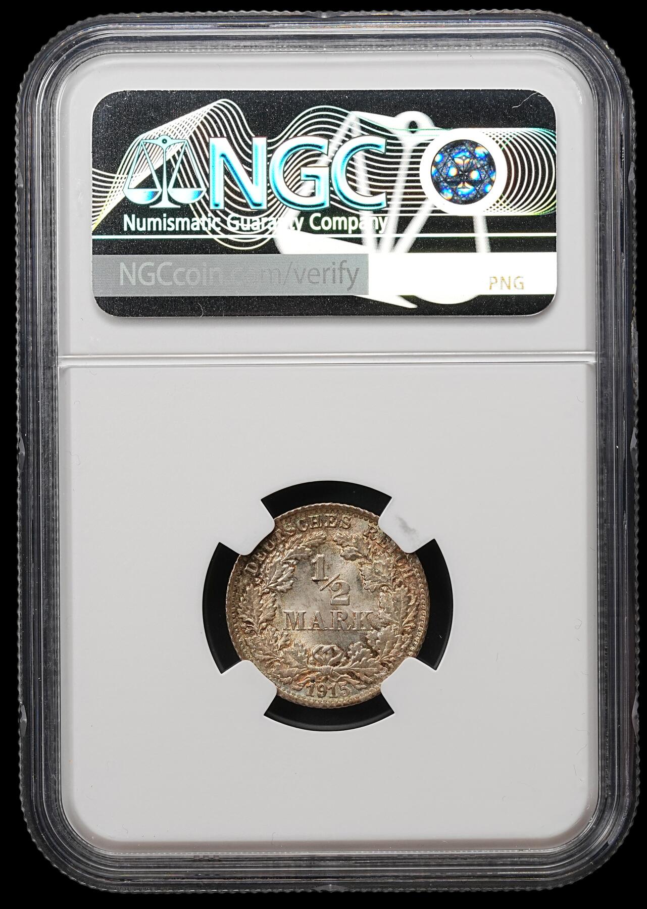 修遠堂世界钱币第109期 NGC MS65 1915年德国1/2马克银币 F厂铭