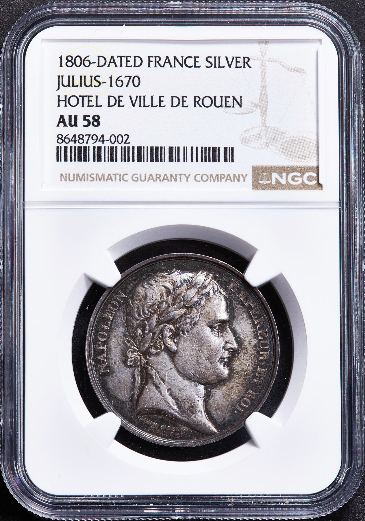 【俄甄集藏】2026年(050)04-01星期三 晚 19:30 全场包邮 法国1806年拿破仑帝国纪念鲁昂市政厅银章，NGC AU58，五彩包浆