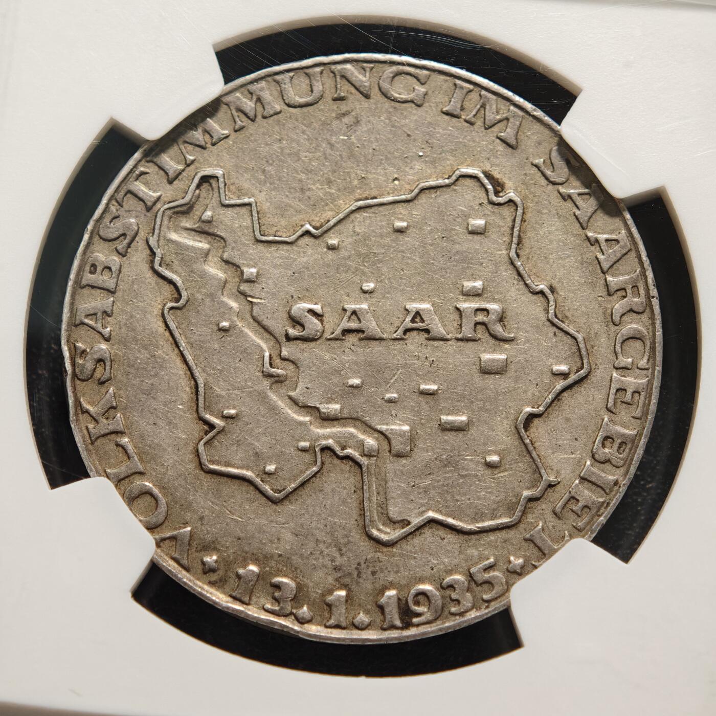 【德藏】世界币章拍卖第169期（拍品征集中~欢迎藏友联系） 1935年 德国萨尔公投纪念银章 NGC AU