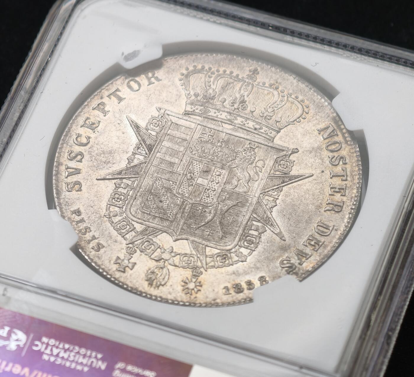 “方寸甄品”甄品场，甄臻铺-世界币章拍卖（第57期，直播拍卖），送拍享返佣金等优惠多多 NGC-MS63 1858年意大利托斯卡纳利奥波德二世4菲奥里尼大银币，全深打，丝绸转光老味道包浆，香槟淡彩环绕，顶级收藏品质