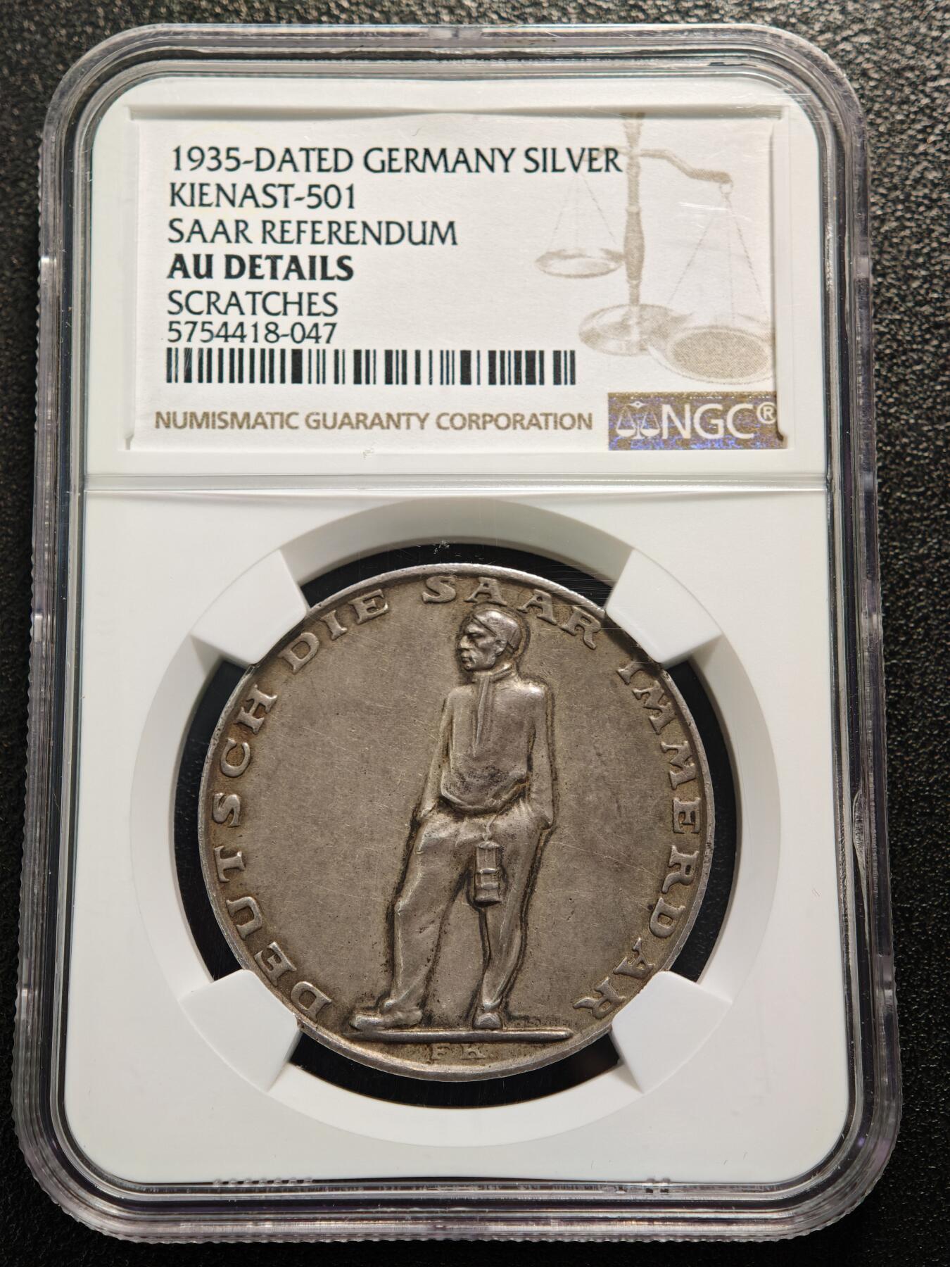 【德藏】世界币章拍卖第169期（拍品征集中~欢迎藏友联系） 1935年 德国萨尔公投纪念银章 NGC AU
