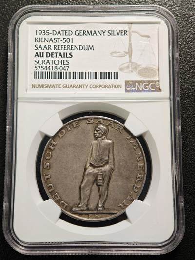 【德藏】世界币章拍卖第169期（拍品征集中~欢迎藏友联系） - 1935年 德国萨尔公投纪念银章 NGC AU