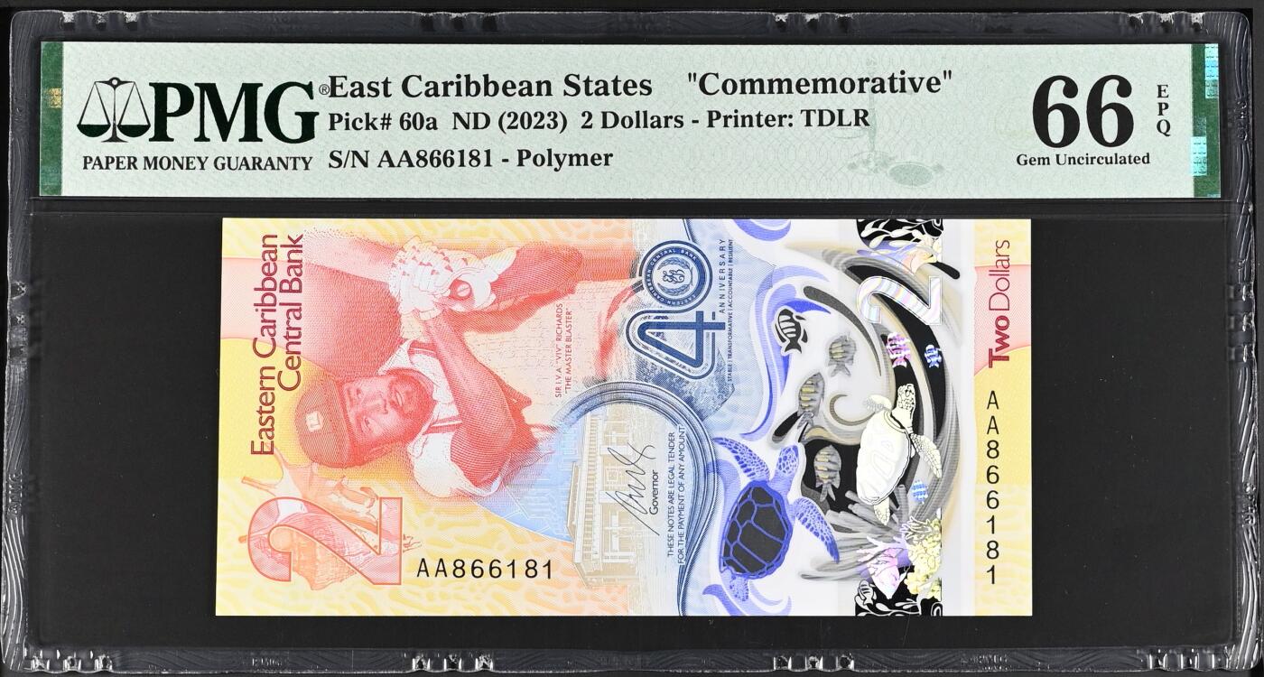 《艾美收藏》第238期-3.29周日外币畅拍场 东加勒比2023年首发AA冠2元PMG66E数三168满号组合倒置号，央行成立40周年纪念钞，IBNS获奖钞 Pick#60a