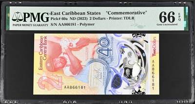 《艾美收藏》第238期-3.29周日外币畅拍场 - 东加勒比2023年首发AA冠2元PMG66E数三168满号组合倒置号，央行成立40周年纪念钞，IBNS获奖钞 Pick#60a