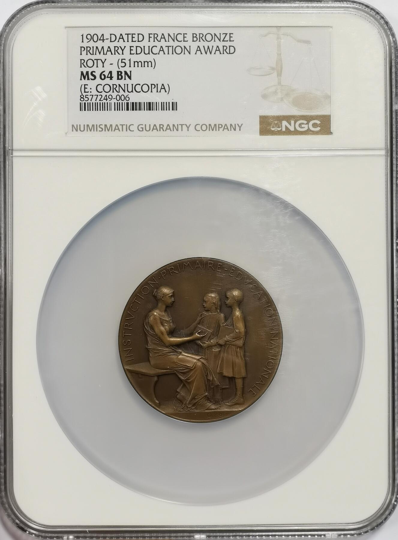 博洋堂“芳菲春韵”3月精品大拍专场暨第166期（全场包邮） NGC MS64 法国1904年初等教育纪念大铜章，早期大铜章高分难得
