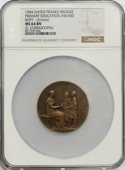 博洋堂“芳菲春韵”3月精品大拍专场暨第166期（全场包邮） - NGC MS64 法国1904年初等教育纪念大铜章，早期大铜章高分难得