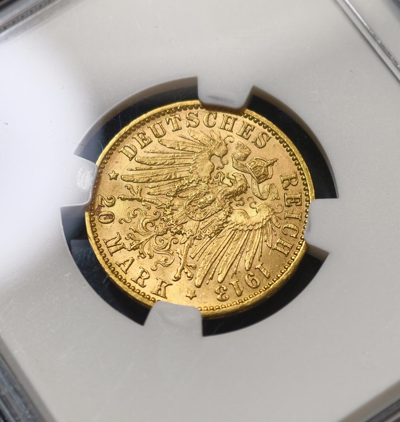 “方寸甄品”甄品场，甄臻铺-世界币章拍卖（第57期，直播拍卖），送拍享返佣金等优惠多多 NGC-MS63 德国汉堡 20马克 金币，经典品种，硬通货。