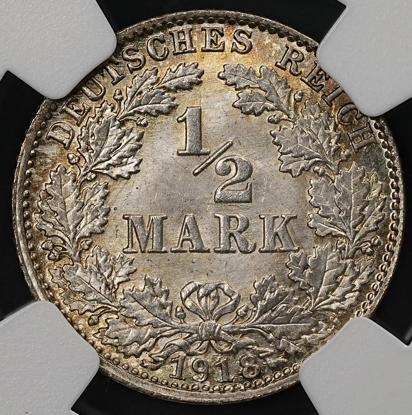 修遠堂世界钱币第109期 NGC MS66 1918年德国1/2马克银币 D厂铭