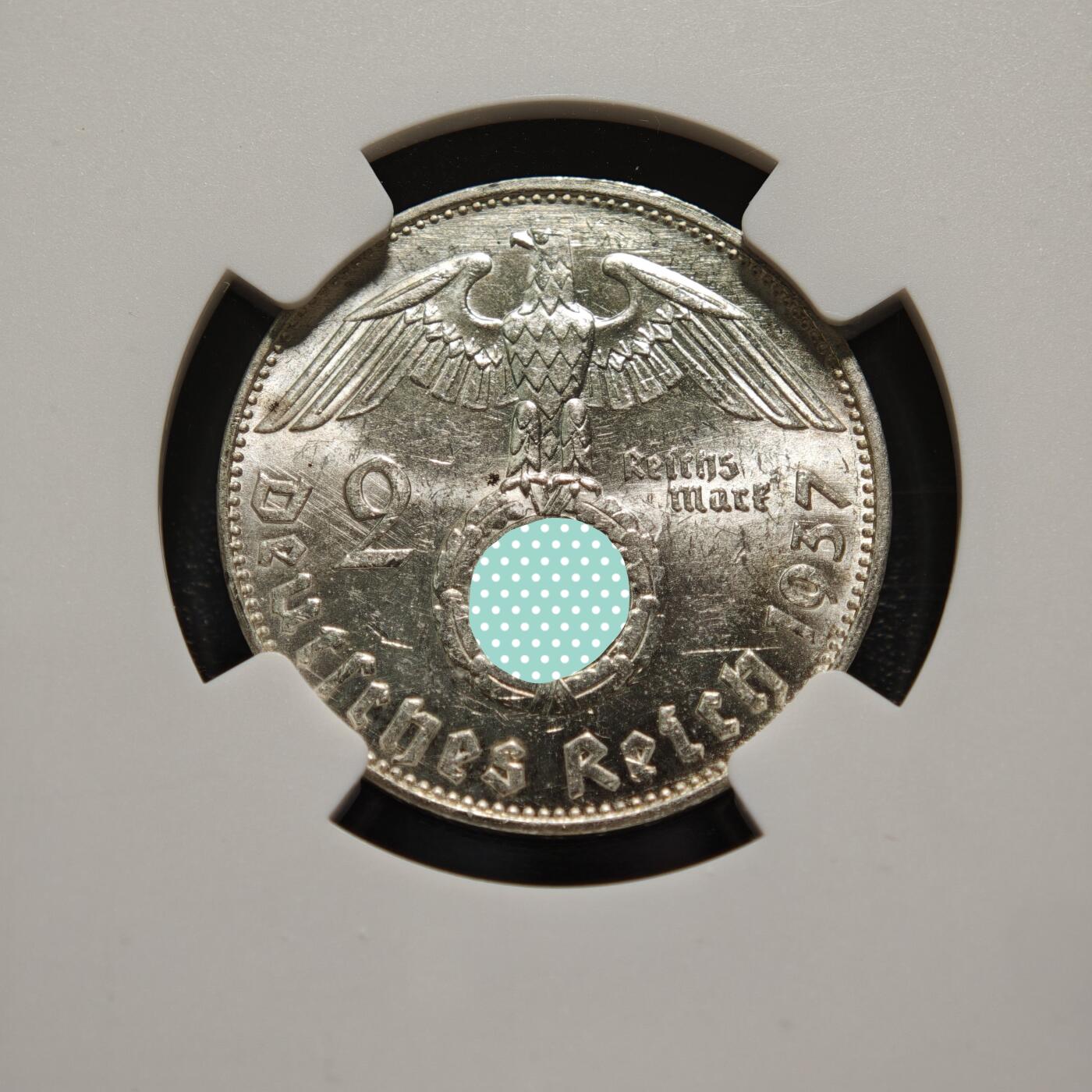 【德藏】世界币章拍卖第169期（拍品征集中~欢迎藏友联系） 1937年 德国民族社会主义工人党兴登堡2马克银币 NGC MS62 原光十足 （原图请查询NGC评级官网）