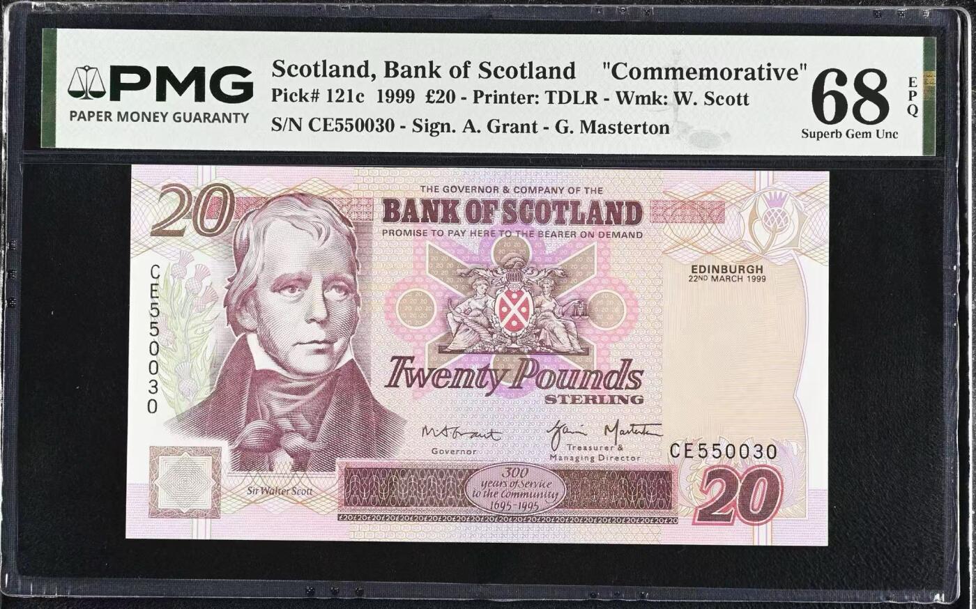 【礼羽收藏】🌏世界钱币拍卖第130期 1999年苏格兰银行20镑纪念钞，PMG68分世界唯一冠军分！号码数三无47