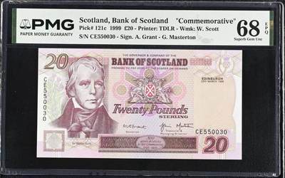 【礼羽收藏】🌏世界钱币拍卖第130期 - 1999年苏格兰银行20镑纪念钞，PMG68分世界唯一冠军分！号码数三无47