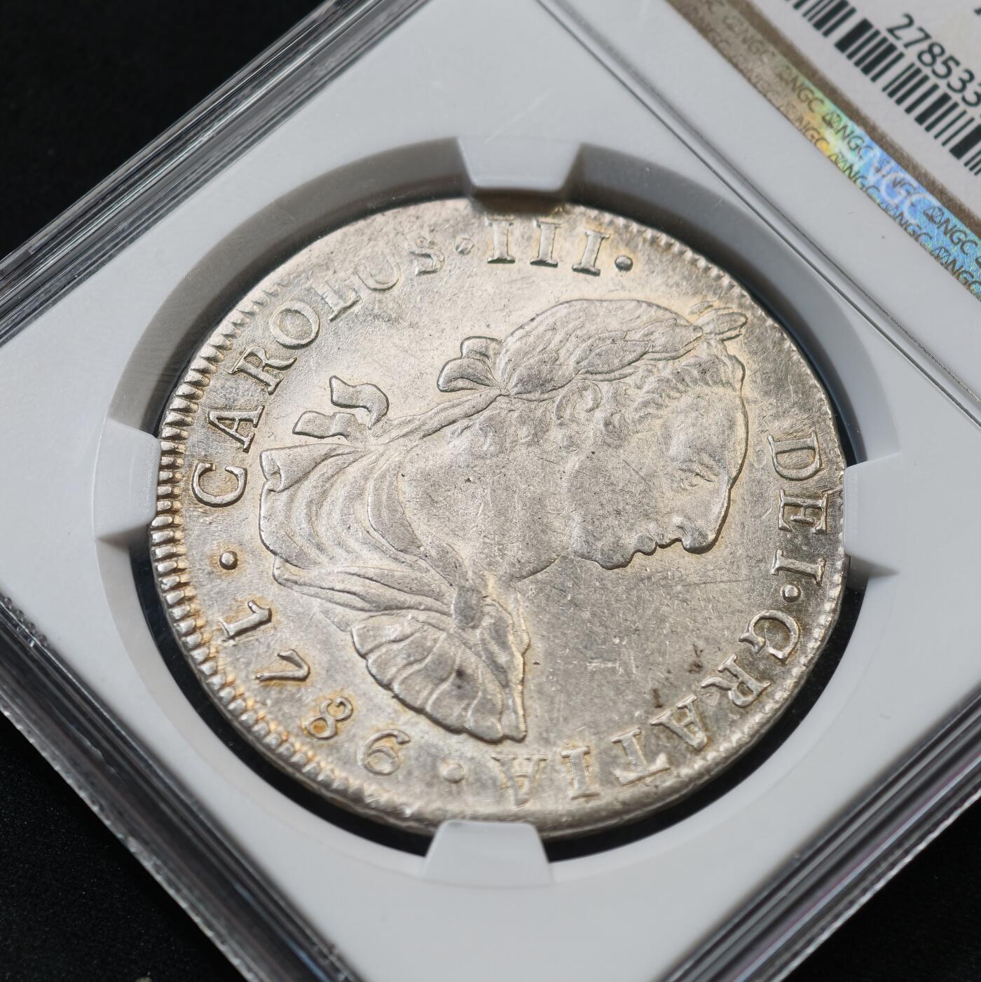 “方寸甄品”甄品场，甄臻铺-世界币章拍卖（第57期，直播拍卖），送拍享返佣金等优惠多多 NGC-AU58 1786年西属秘鲁卡洛斯三世双柱 8里亚尔 原味粉光 利马，打制极佳