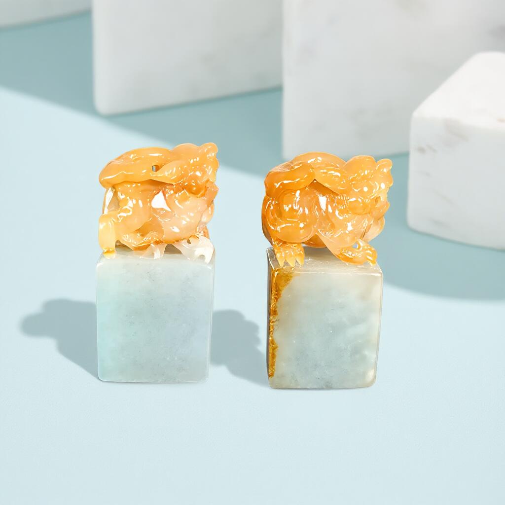 碧月说宝 君子怀瑾·当代和田玉清风专场(六) 黄翡兽钮貔貅印章一对