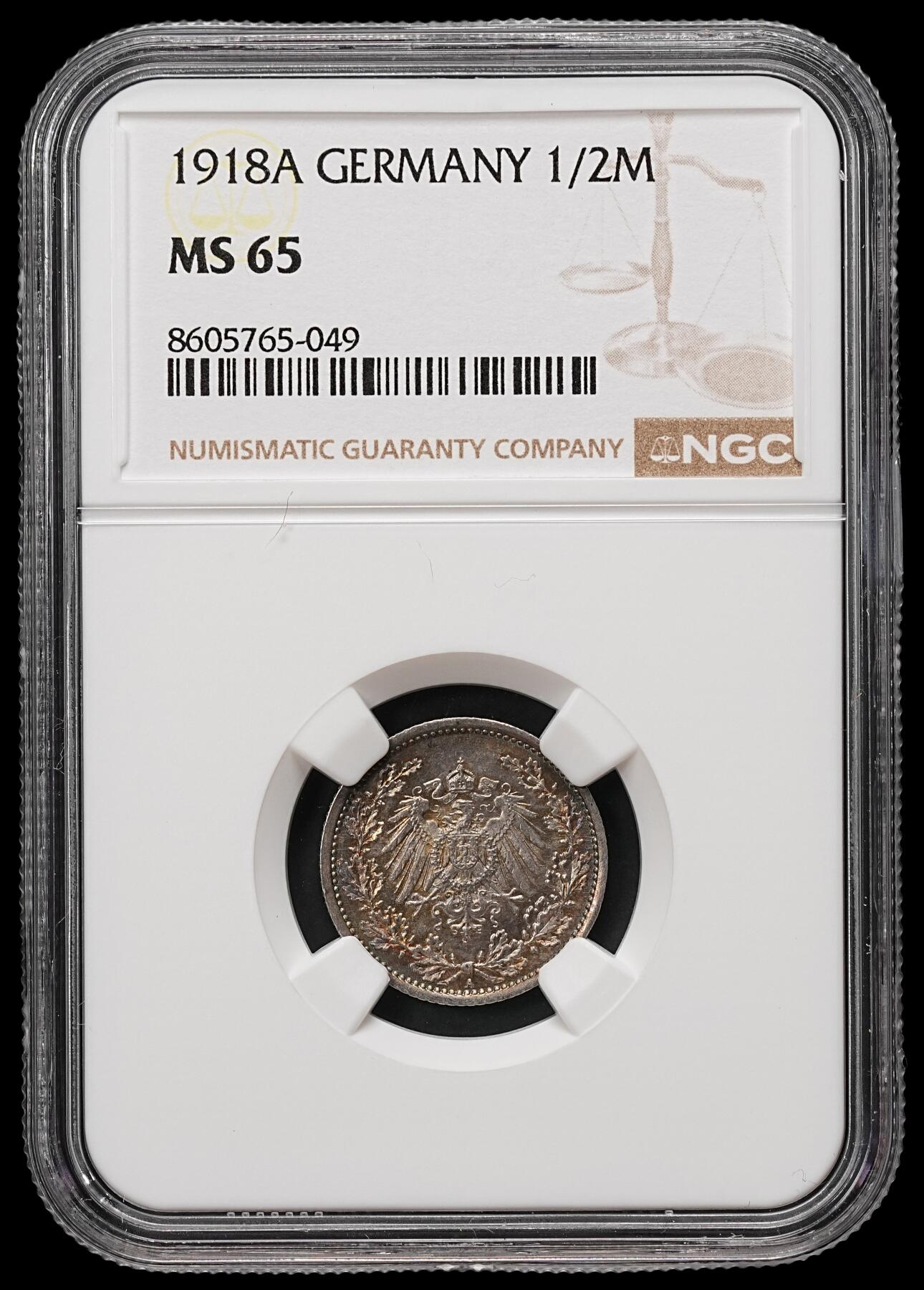 修遠堂世界钱币第109期 NGC MS65 1918年德国1/2马克银币 A厂铭