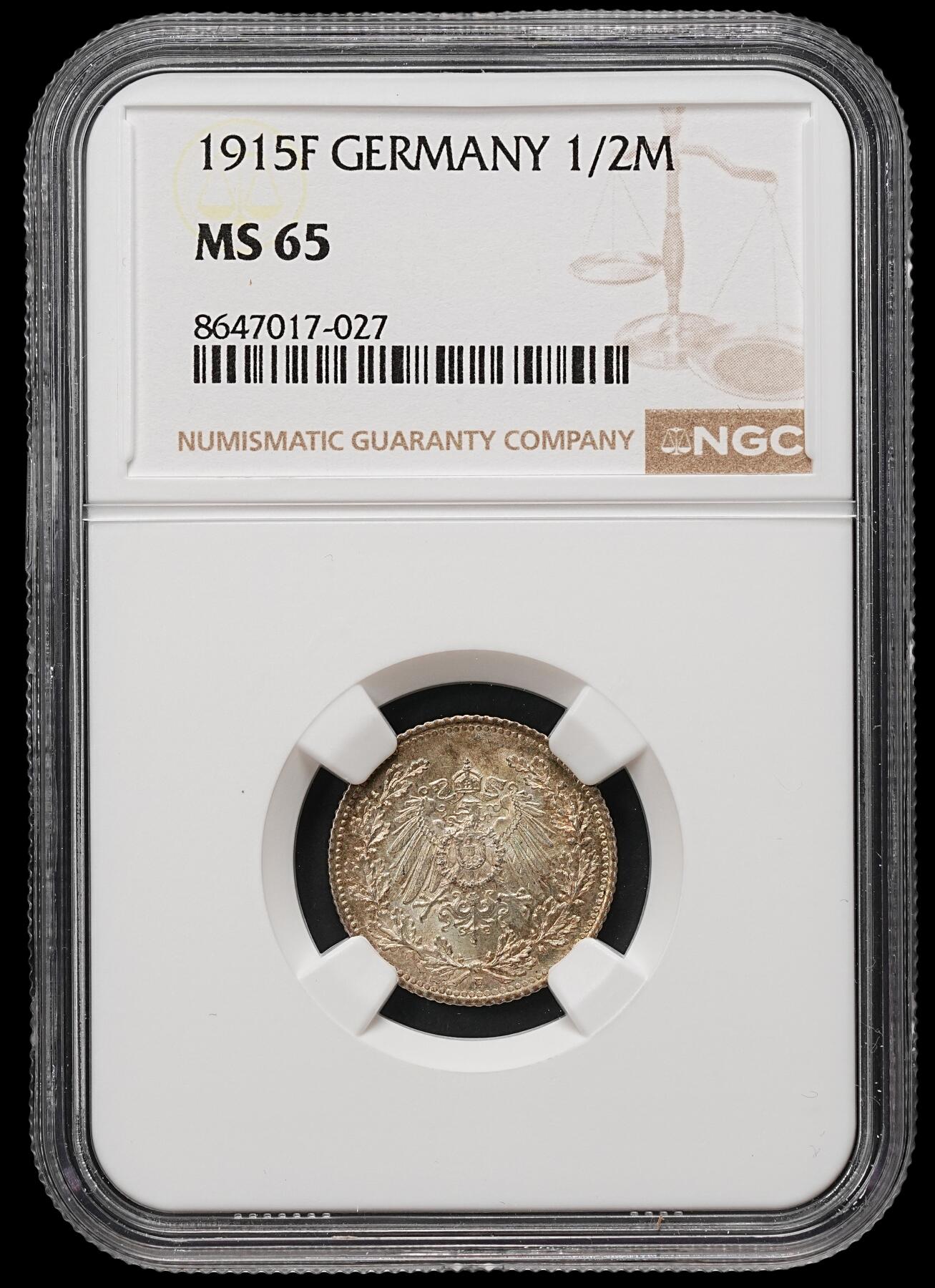 修遠堂世界钱币第109期 NGC MS65 1915年德国1/2马克银币 F厂铭