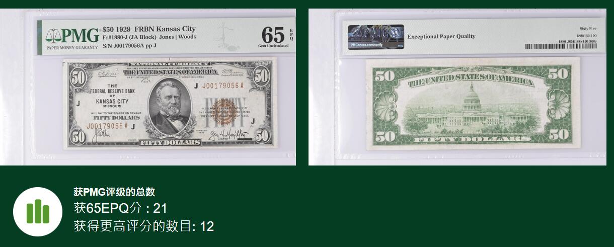 《艾美收藏》第238期-3.29周日外币畅拍场 1929年50美元PMG65E无34 联邦储备银行券 稀少分区堪萨斯城 更高分仅12张