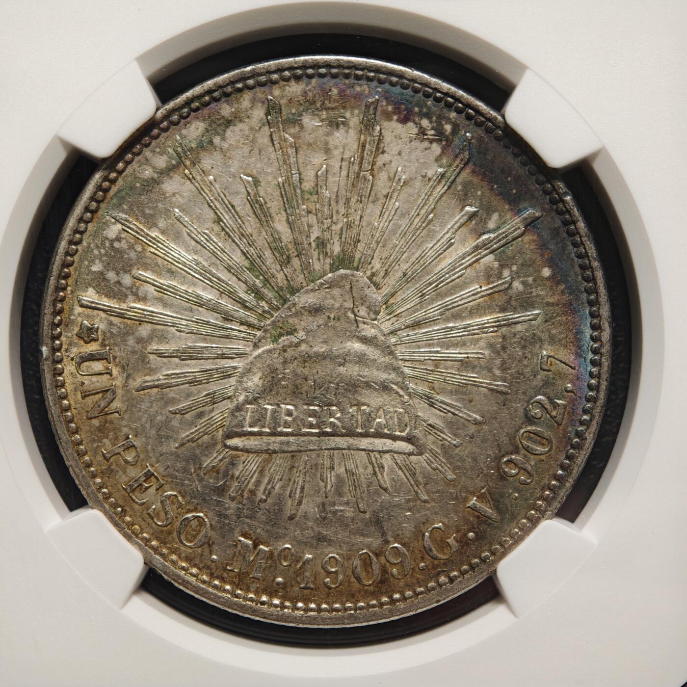 【德藏】世界币章拍卖第169期（拍品征集中~欢迎藏友联系） 1909年 墨西哥鹰洋1比索大银币 NGC UNC 原味包浆