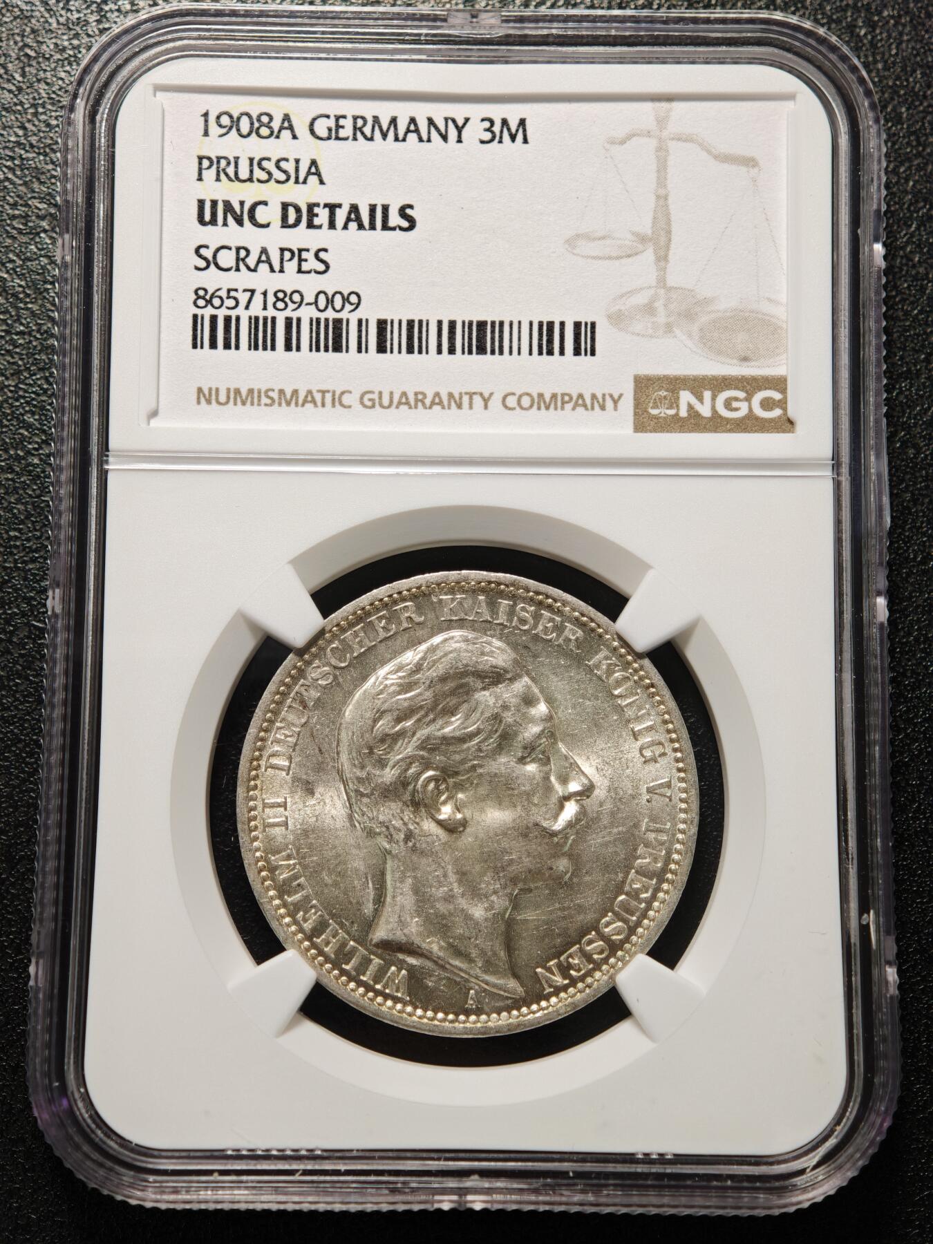 【德藏】世界币章拍卖第169期（拍品征集中~欢迎藏友联系） 1908年 德国普鲁士威廉二世3马克银币 NGC UNC