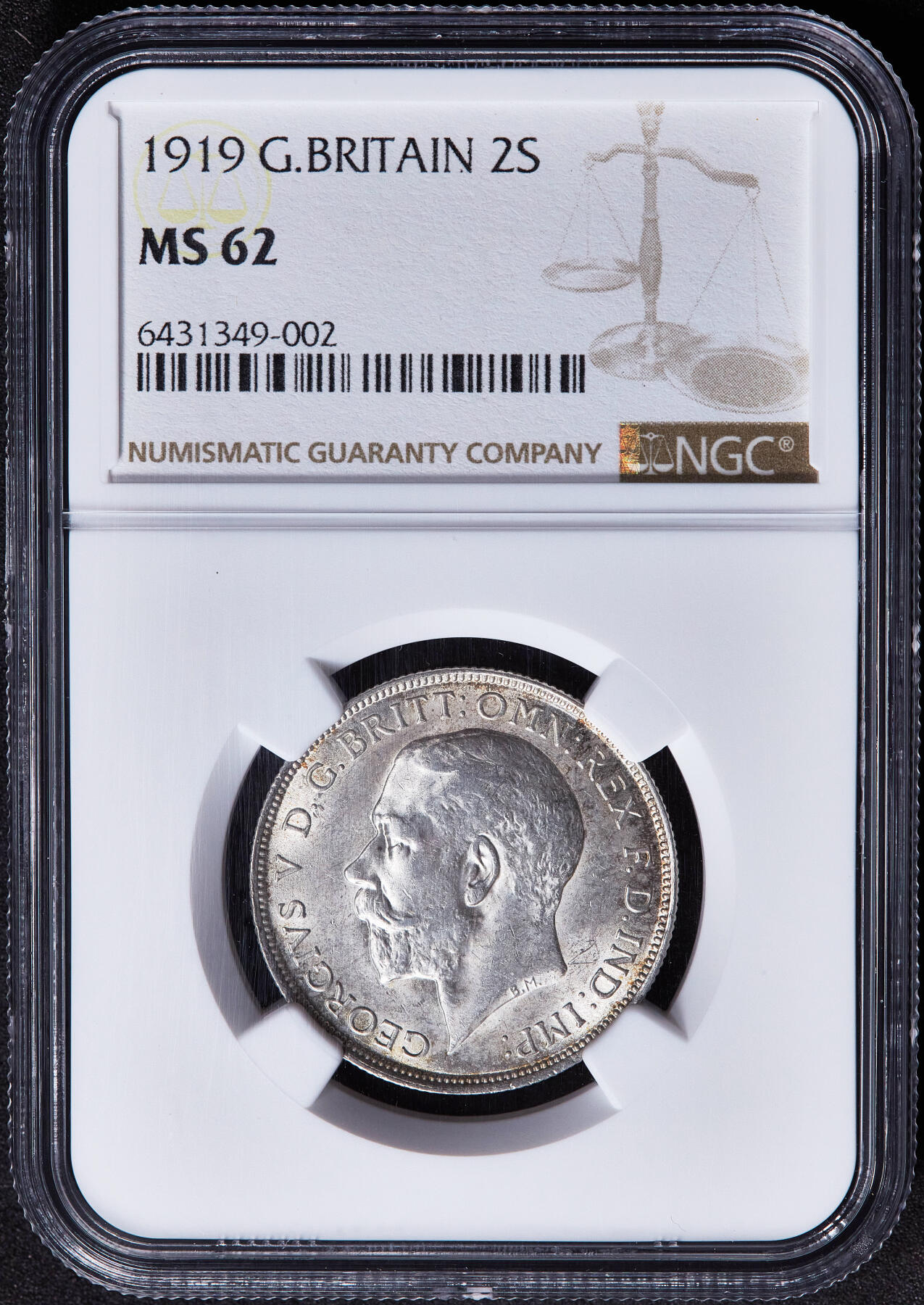 【俄甄集藏】2026年(050)04-01星期三 晚 19:30 全场包邮 英国1919年乔治五世十字1福林银币，NGC MS62，黄油环彩，转光品相