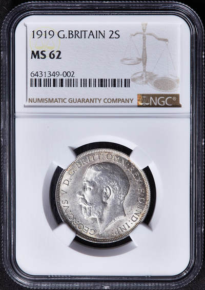 【俄甄集藏】2026年(050)04-01星期三 晚 19:30 全场包邮 - 英国1919年乔治五世十字1福林银币，NGC MS62，黄油环彩，转光品相