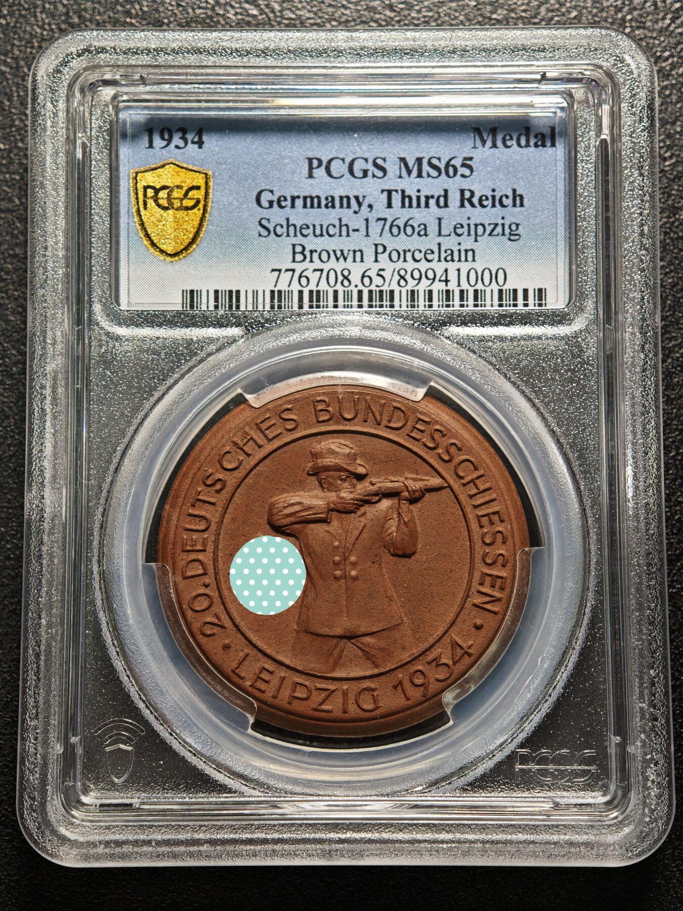 【德藏】世界币章拍卖第169期（拍品征集中~欢迎藏友联系） 1934年 德国民族社会主义工人党莱比锡联邦射击节陶瓷纪念章 PCGS MS65 稀少品种 发行量仅200-500枚（原图请查询PCGS评级官网）