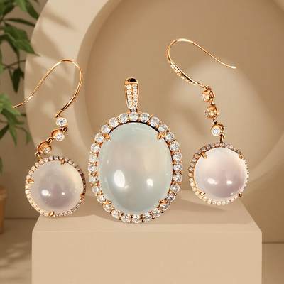 碧月说宝 君子怀瑾·当代和田玉清风专场(六) - 18k镶钻冰种翡翠吊坠耳环套装