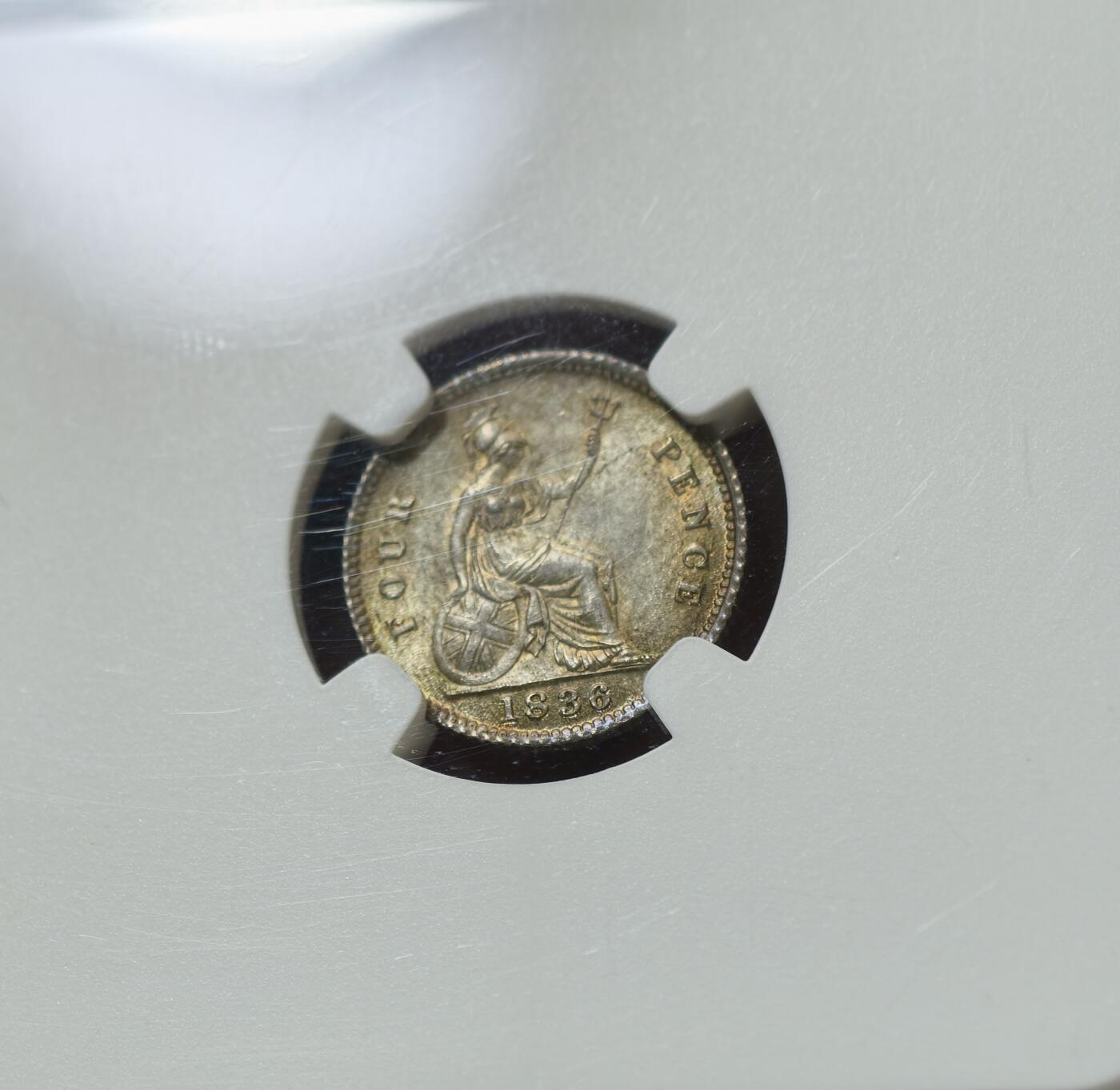 “方寸甄品”甄品场，甄臻铺-世界币章拍卖（第57期，直播拍卖），送拍享返佣金等优惠多多 NGC-MS64 1836年英国威廉四世4便士银币，灰色五彩包浆，顶级状态